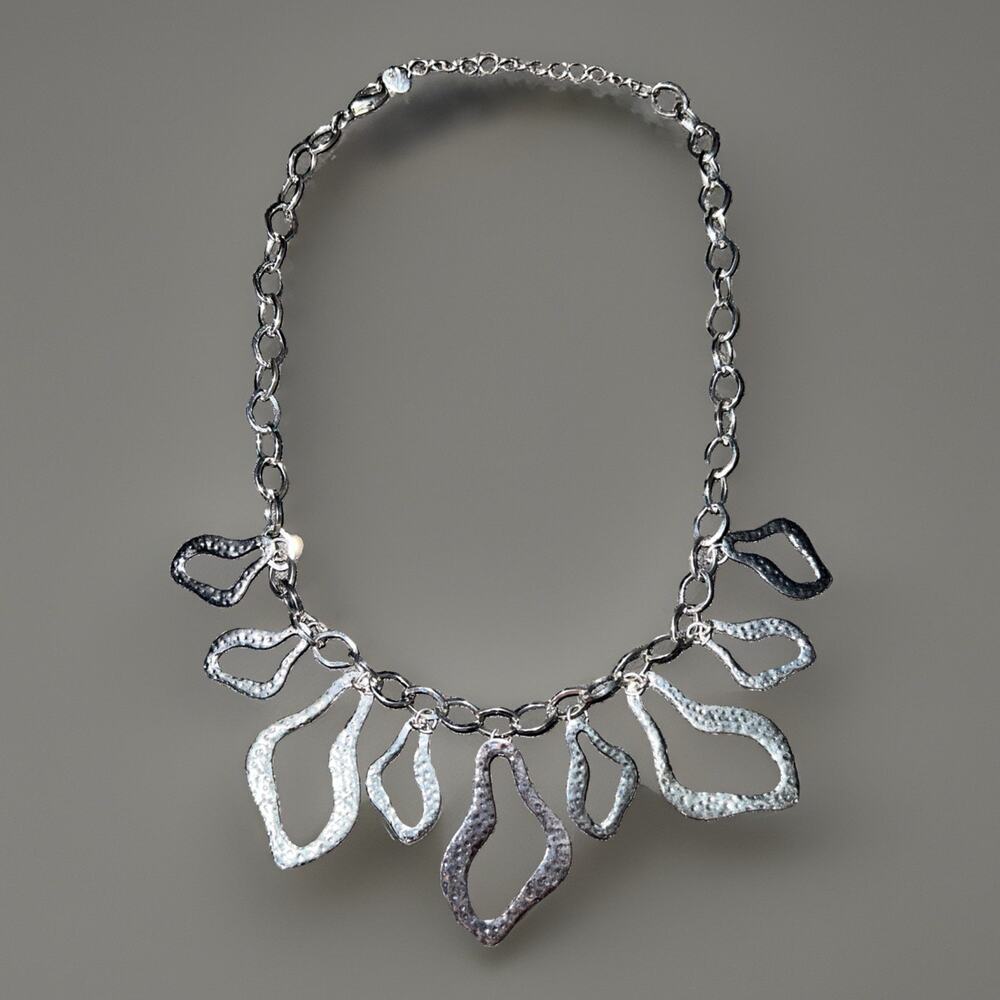 Hammered Silvertone Abstract Open Drop Statement Necklace Dolphin Clasp Boho Art